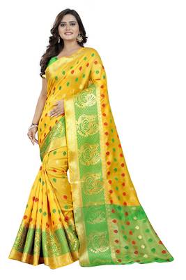 Yellow Woven Cotton Saree With Blouse 1