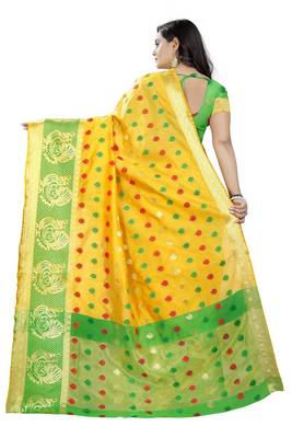 Yellow Woven Cotton Saree With Blouse 2