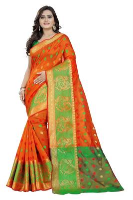 Orange Woven Cotton Saree With Blouse 1