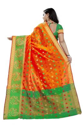 Orange Woven Cotton Saree With Blouse 2
