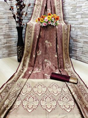 Maroon woven banarasi saree with blouse 1