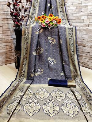 Navy blue woven banarasi saree with blouse 1