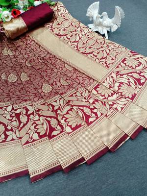 Maroon woven banarasi saree with blouse 1