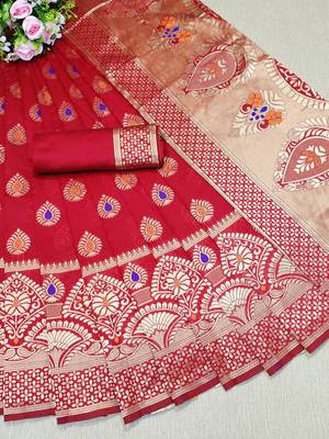 Red woven banarasi saree with blouse 1