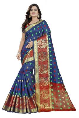 Blue Woven Cotton Silk Saree With Blouse 1