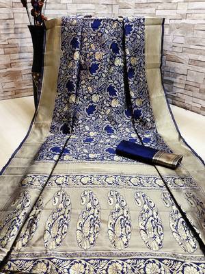 Navy blue woven banarasi saree with blouse 1