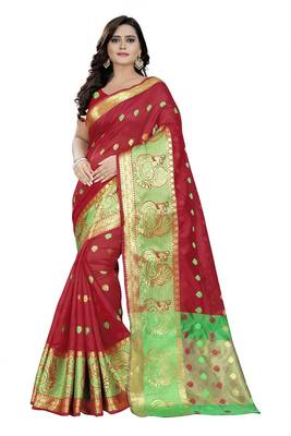 Red Woven Cotton Silk Saree With Blouse 1