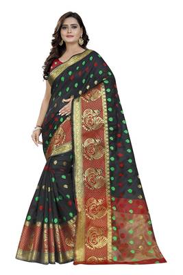 Black Woven Cotton Silk Saree With Blouse 1