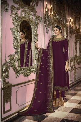 Wine Embroidered Georgette Semi Stitched Salwar With Dupatta 1