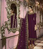 Wine Embroidered Georgette Semi Stitched Salwar With Dupatta