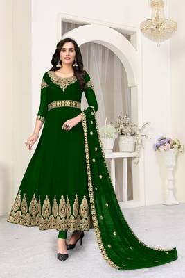 Green Heavy Embroidered Long Anarkali Faux Georgette Salwar Suit 1