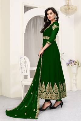 Green Heavy Embroidered Long Anarkali Faux Georgette Salwar Suit 4