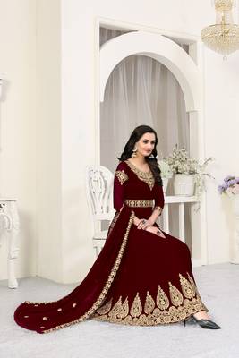 Maroon Heavy Embroidered Long Anarkali Faux Georgette Salwar Suit 2