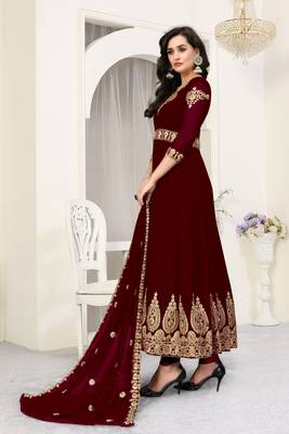 Maroon Heavy Embroidered Long Anarkali Faux Georgette Salwar Suit 4
