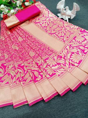 Pink woven banarasi saree with blouse 1