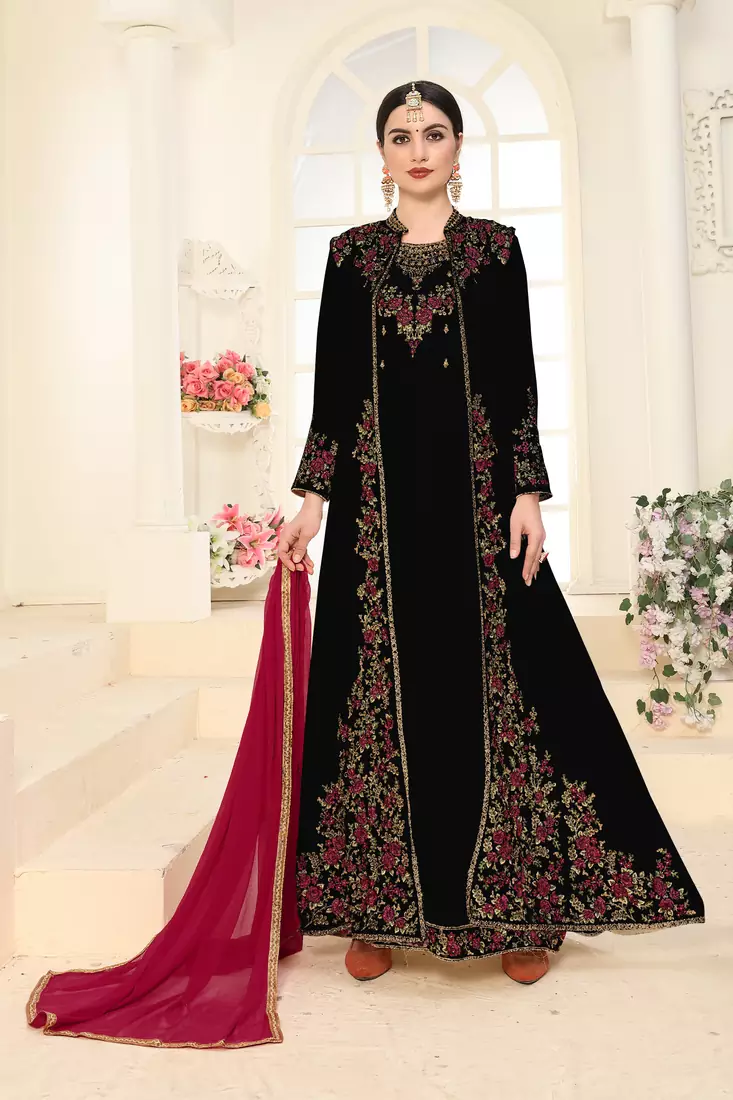 Black Embroidered Faux Georgette Islamic Style Salwar Suit Dupatta With Koti