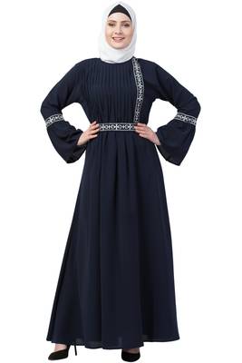 Navy Blue Embroidered Pintuck Abaya 1