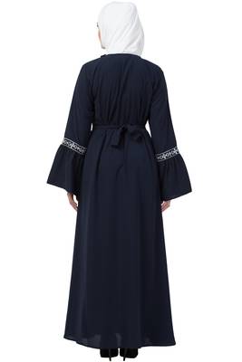 Navy Blue Embroidered Pintuck Abaya 2