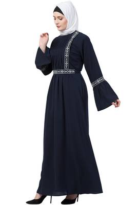Navy Blue Embroidered Pintuck Abaya 3