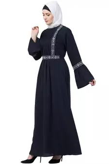 Navy Blue Embroidered Pintuck Abaya