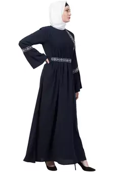 Navy Blue Embroidered Pintuck Abaya