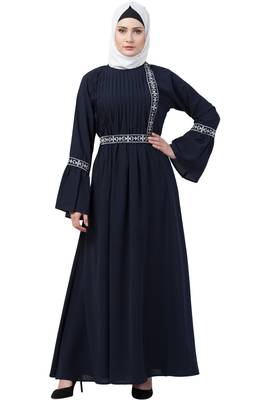 Navy Blue Embroidered Pintuck Abaya 5