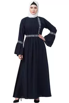 Navy Blue Embroidered Pintuck Abaya