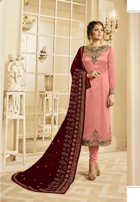 Peach Embroidered Georgette Semi Stitched Salwar With Dupatta 1