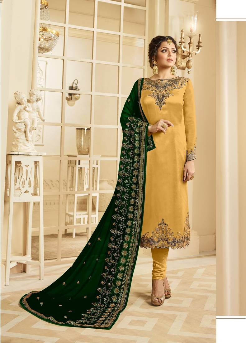 Yellow Embroidered Georgette Semi Stitched Salwar With Dupatta