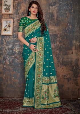 Turquoise woven banarasi silk saree with blouse 1