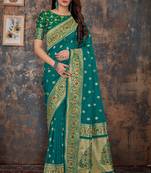 Turquoise woven banarasi silk saree with blouse