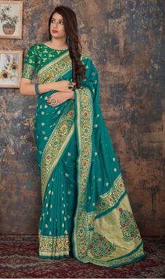 Turquoise woven banarasi silk saree with blouse 2