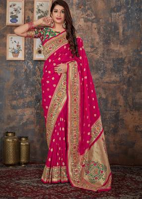 Pink woven banarasi silk saree with blouse 1