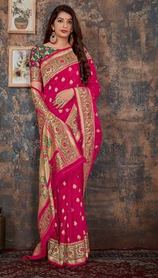 Pink woven banarasi silk saree with blouse 2