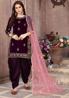 Wine embroidered velvet salwar kameez 1