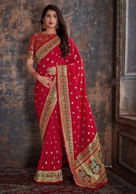 Red woven banarasi silk saree with blouse 1