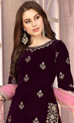 Wine embroidered velvet salwar kameez 2