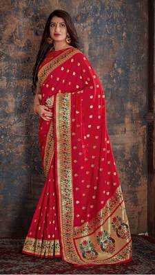 Red woven banarasi silk saree with blouse 2