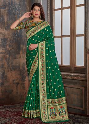 Green woven banarasi silk saree with blouse 1