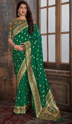 Green woven banarasi silk saree with blouse 2