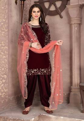 Maroon embroidered velvet salwar kameez 1