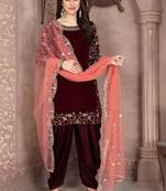 Maroon embroidered velvet salwar kameez