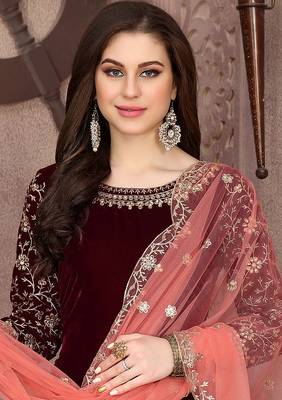 Maroon embroidered velvet salwar kameez 2