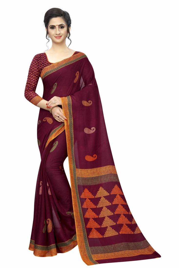 Maroon & Brown Checks Printed Cotton Saree with Blouse Piece