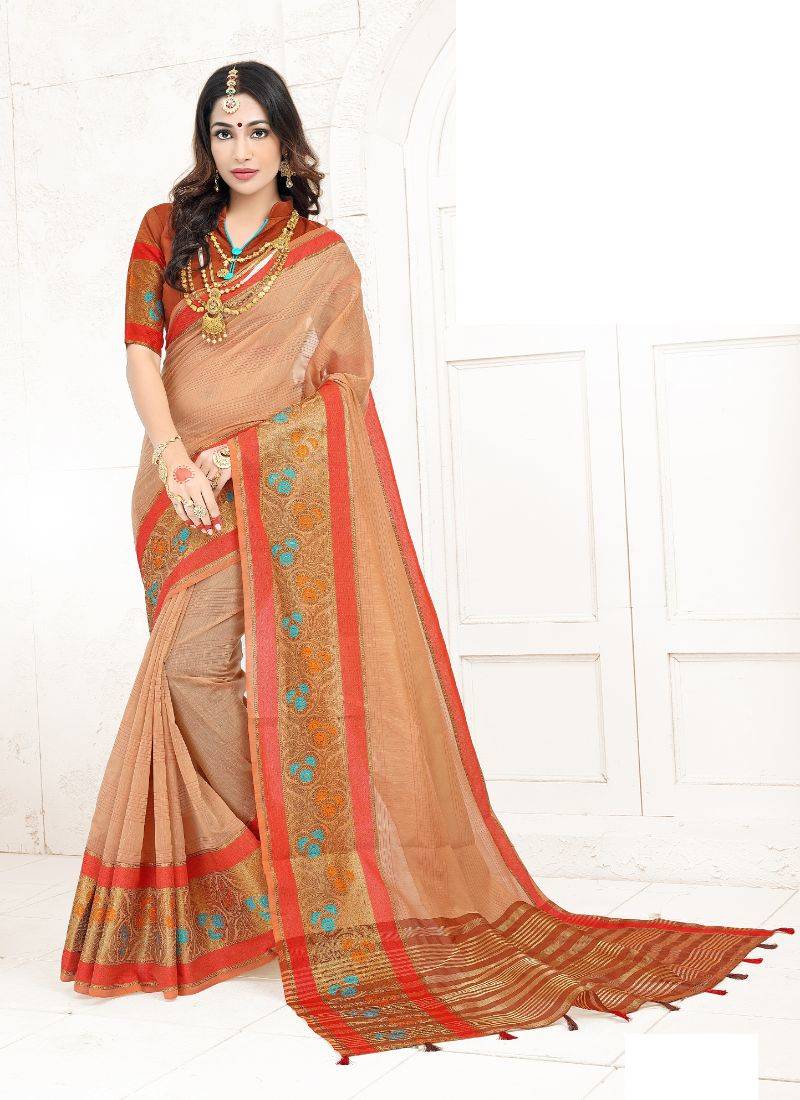 Peach woven cotton silk saree with blouse - Tadla - 3220038