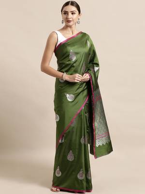 Green woven silk blend saree with blouse 1