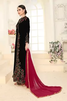 Black Embroidered Faux Georgette Islamic Style Salwar Suit Dupatta With Koti