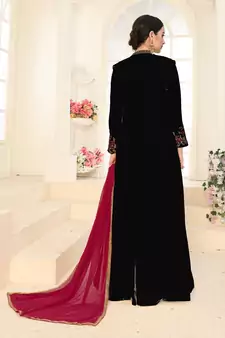 Black Embroidered Faux Georgette Islamic Style Salwar Suit Dupatta With Koti