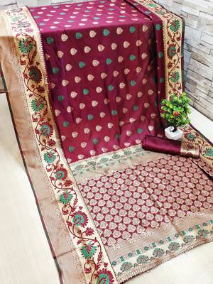 Maroon woven banarasi saree with blouse 1