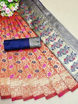 Navy blue woven banarasi saree with blouse 1
